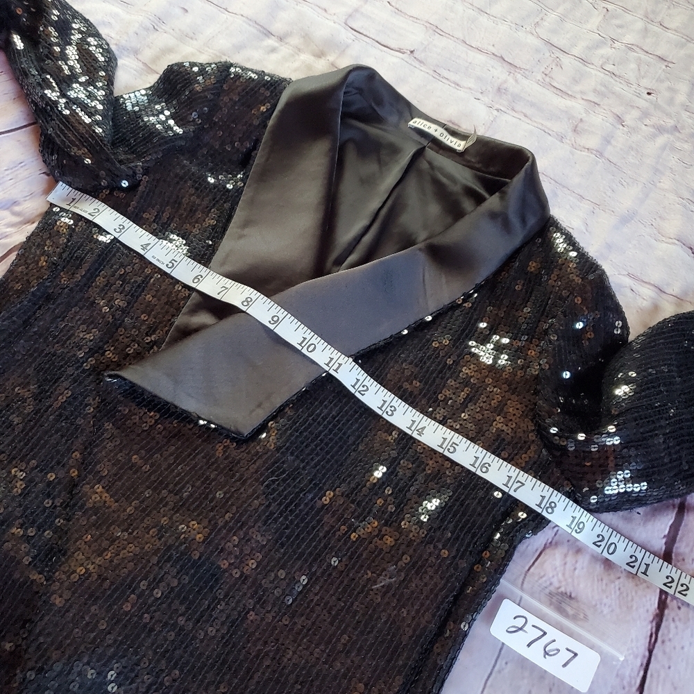 Alice + Olivia Black Warren Sequined Open Blazer Jacket Black Satin Collar Open - Picture 11 of 15